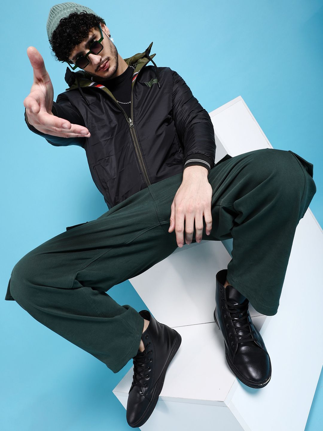 The Indian Garage Co Olive Green & Black Hooded Reversible Puffer Jacket