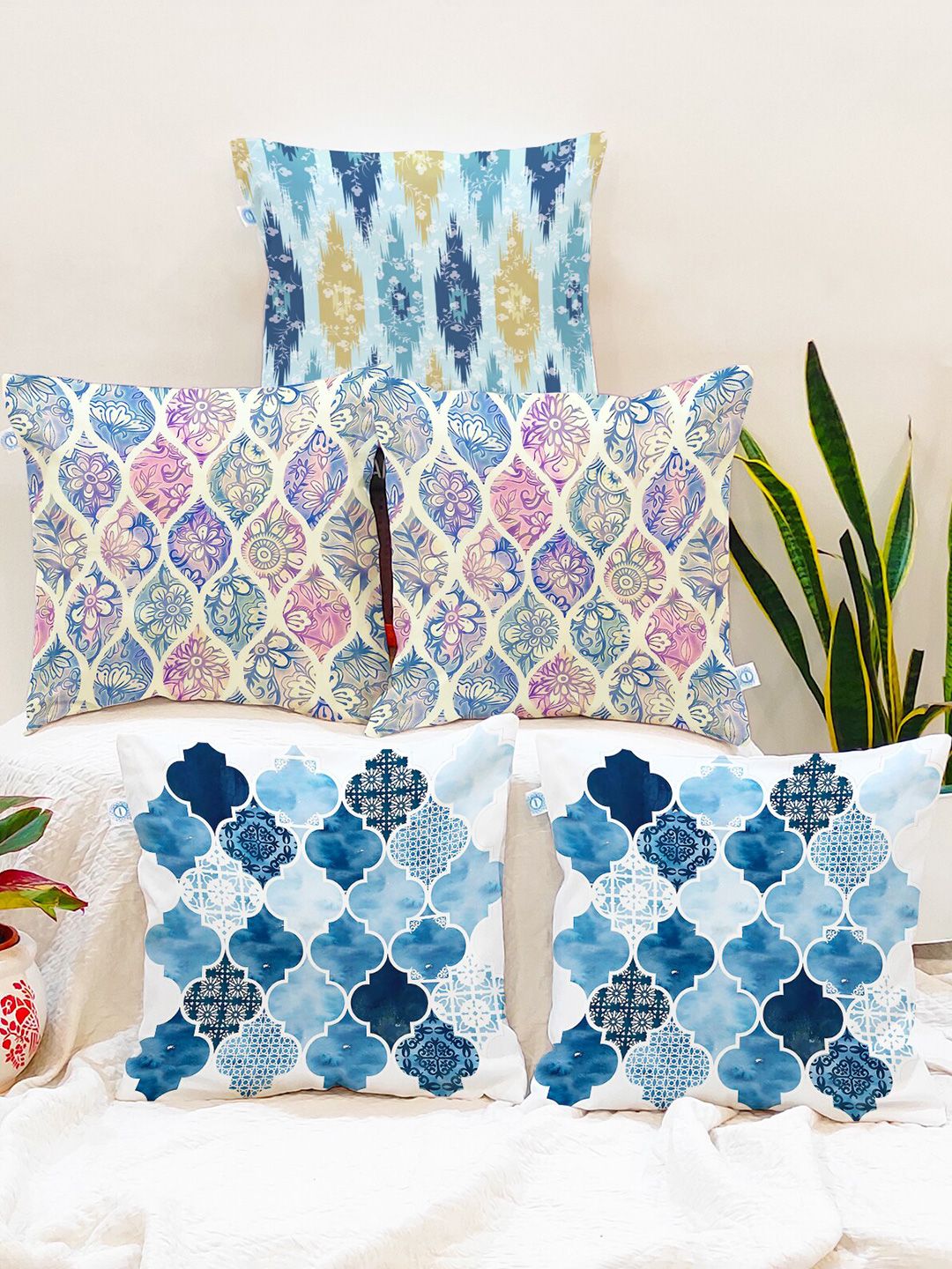 STITCHNEST Set of 5 Blue & Pink Ethnic Motifs Square Cushion Covers