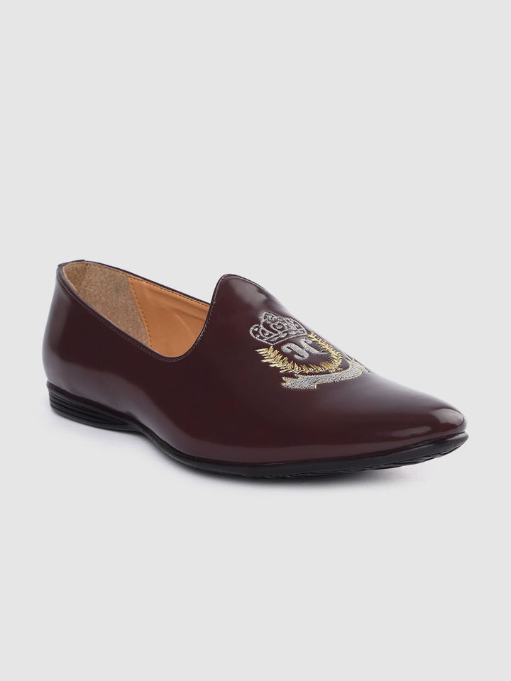House of Pataudi Men Burgundy Solid Mojaris with Embroidered Detail