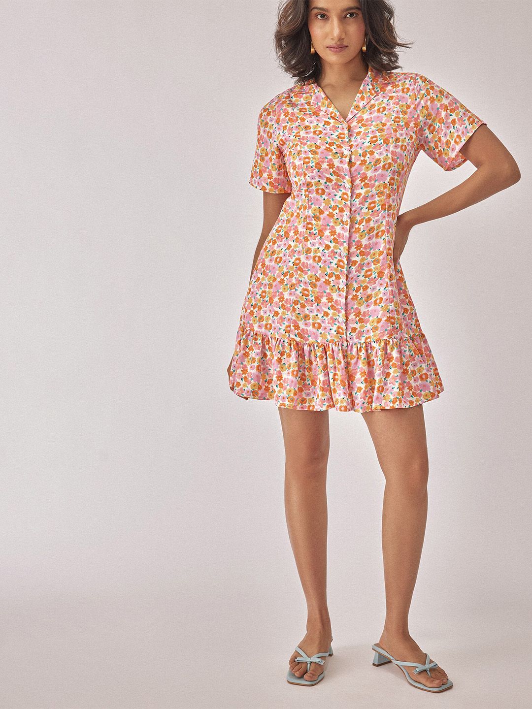 The Label Life Floral Printed Cuban Collar Gathered Drop-Waist Dress