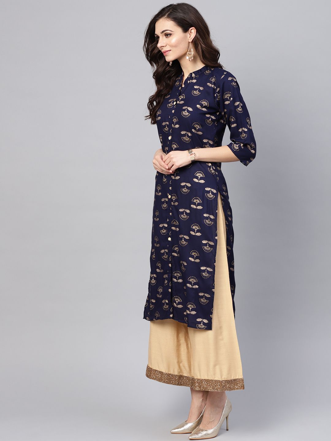 SOJANYA Kurta Lurus Bercetak Biru Laut & Emas Wanita