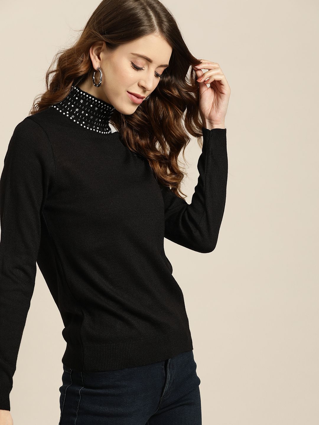 all about you Women Black Solid Turtle Embellished Neck Pullover