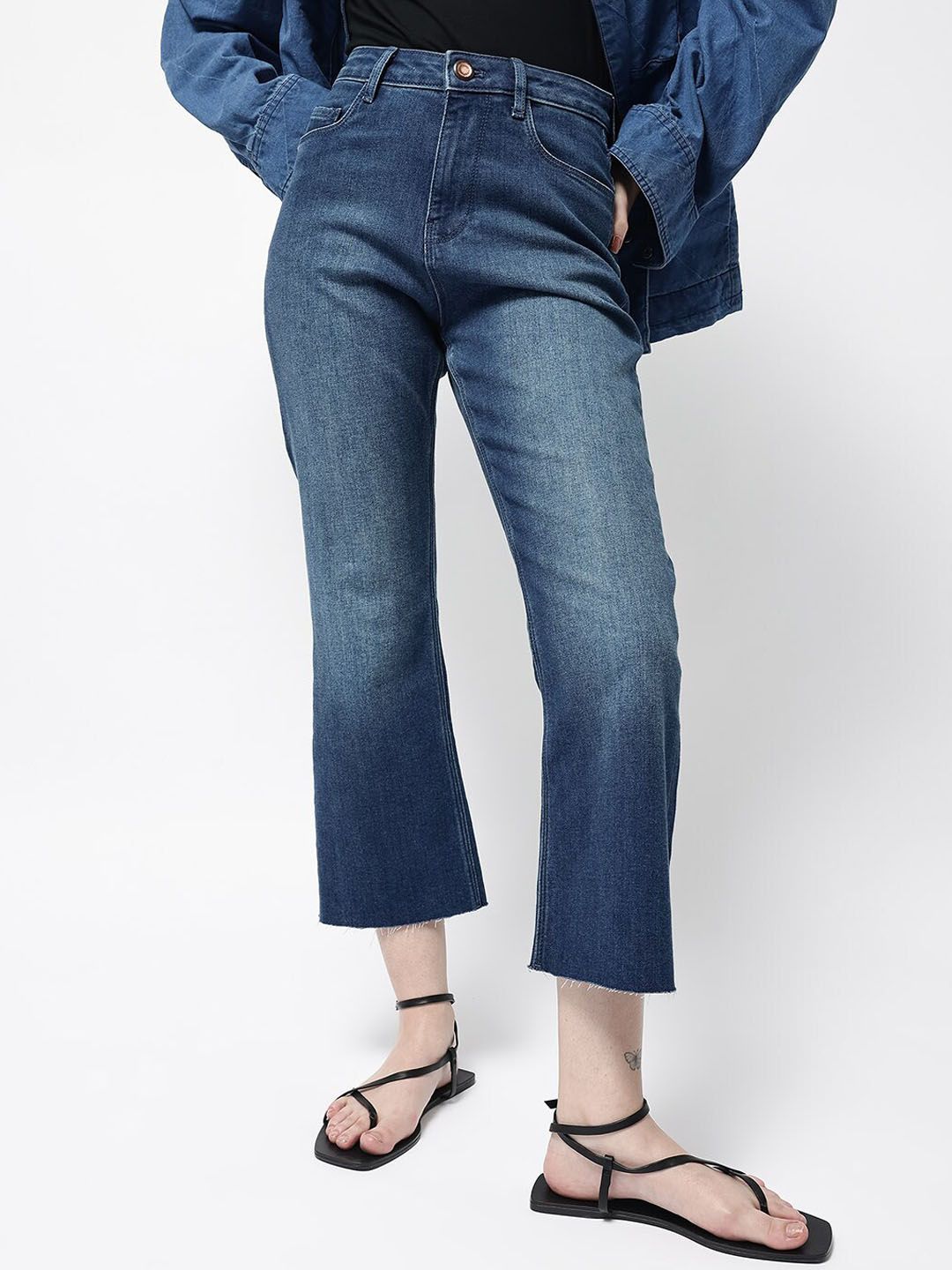RAREISM Women Comfort Flared High-Rise Light Fade Stretchable Cropped Jeans