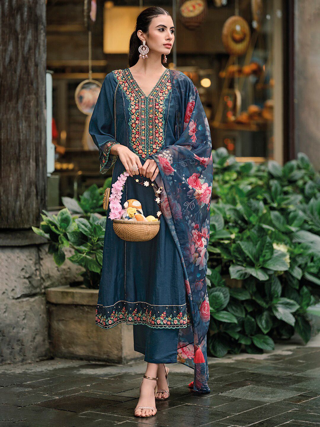Indo Era Floral Embroidered Panelled Thread Work A-Line Kurta With Trousers & Dupatta