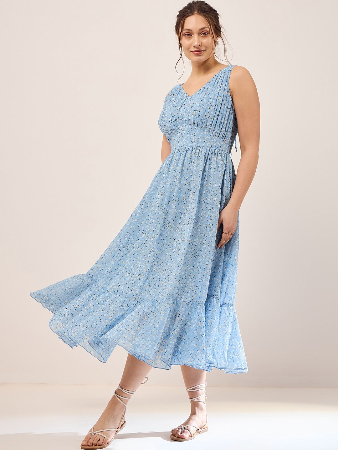Antheaa Floral Printed Chiffon Fit & Flare Midi Dress