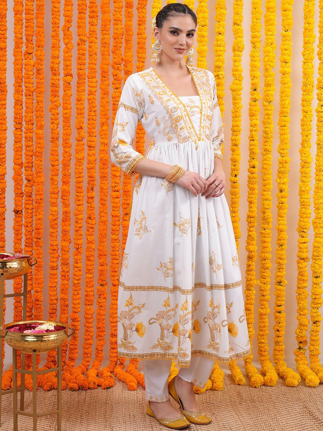 Vishudh White Floral Embroidered Empire Mirror Work Cotton Kurta with Trousers & Dupatta