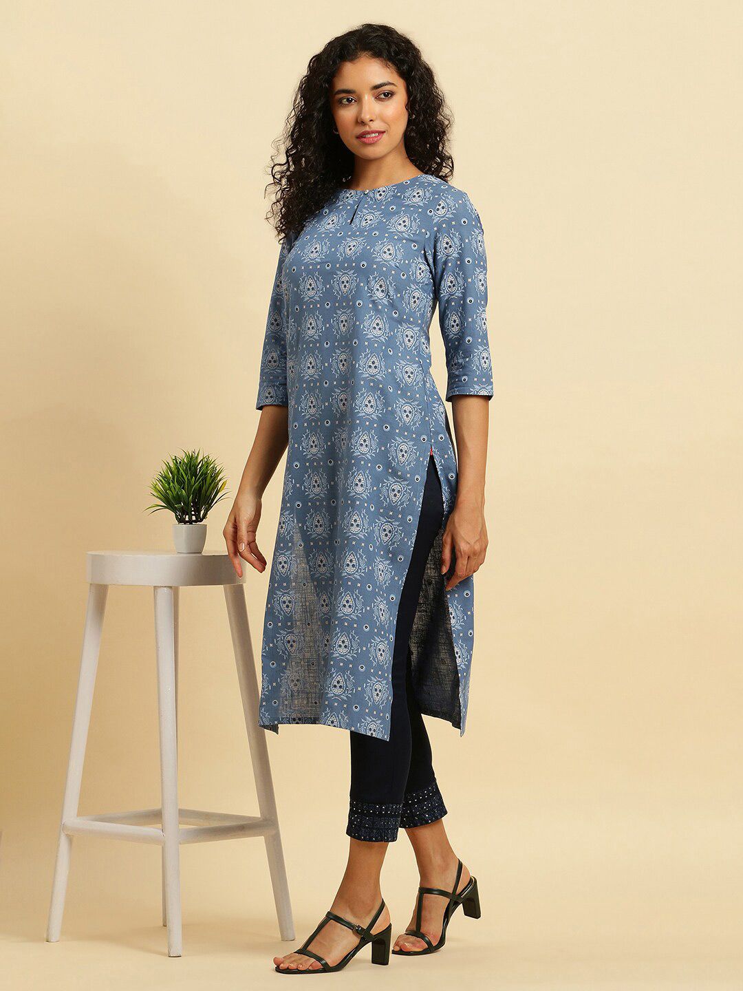 W Ethnic Printed Round Neck Straight Kurta