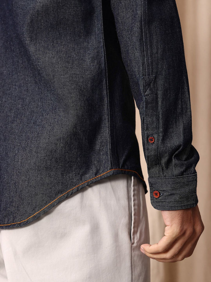 Mr Bowerbird Pure Cotton Tailored Fit Floral Embroidered Denim Casual Shirt