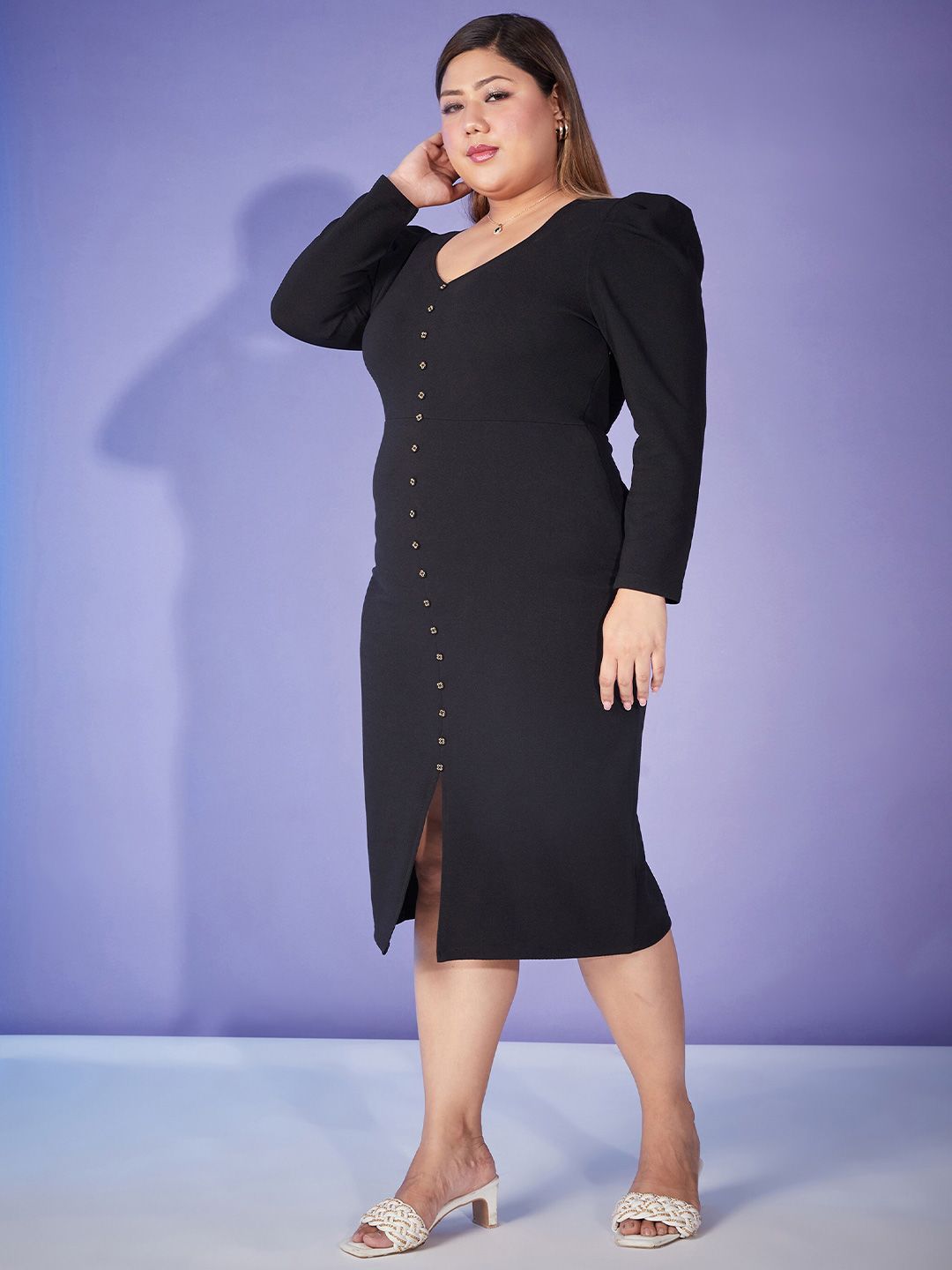 SASSAFRAS Curve Plus Size V-Neck Ruched Sleeves Sheath Dress