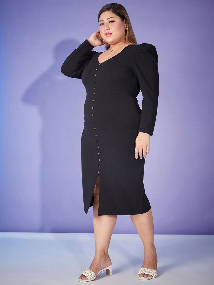 SASSAFRAS Curve Plus Size V-Neck Ruched Sleeves Sheath Dress