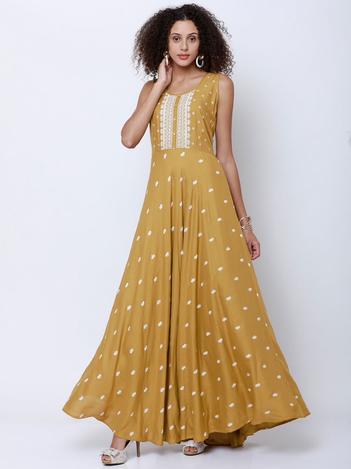 Vishudh Women Mustard & White Printed Anarkali Kurta