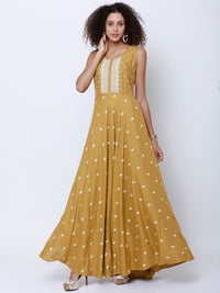 Vishudh Women Mustard & White Printed Anarkali Kurta