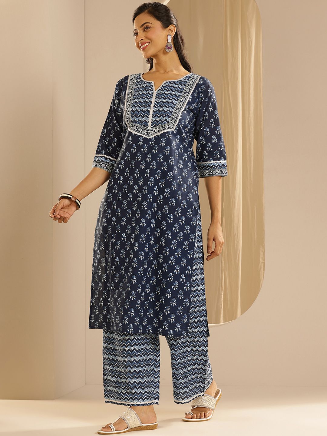 Libas Floral Printed Gotta Patti Pure Cotton Kurta with Palazzos & Dupatta
