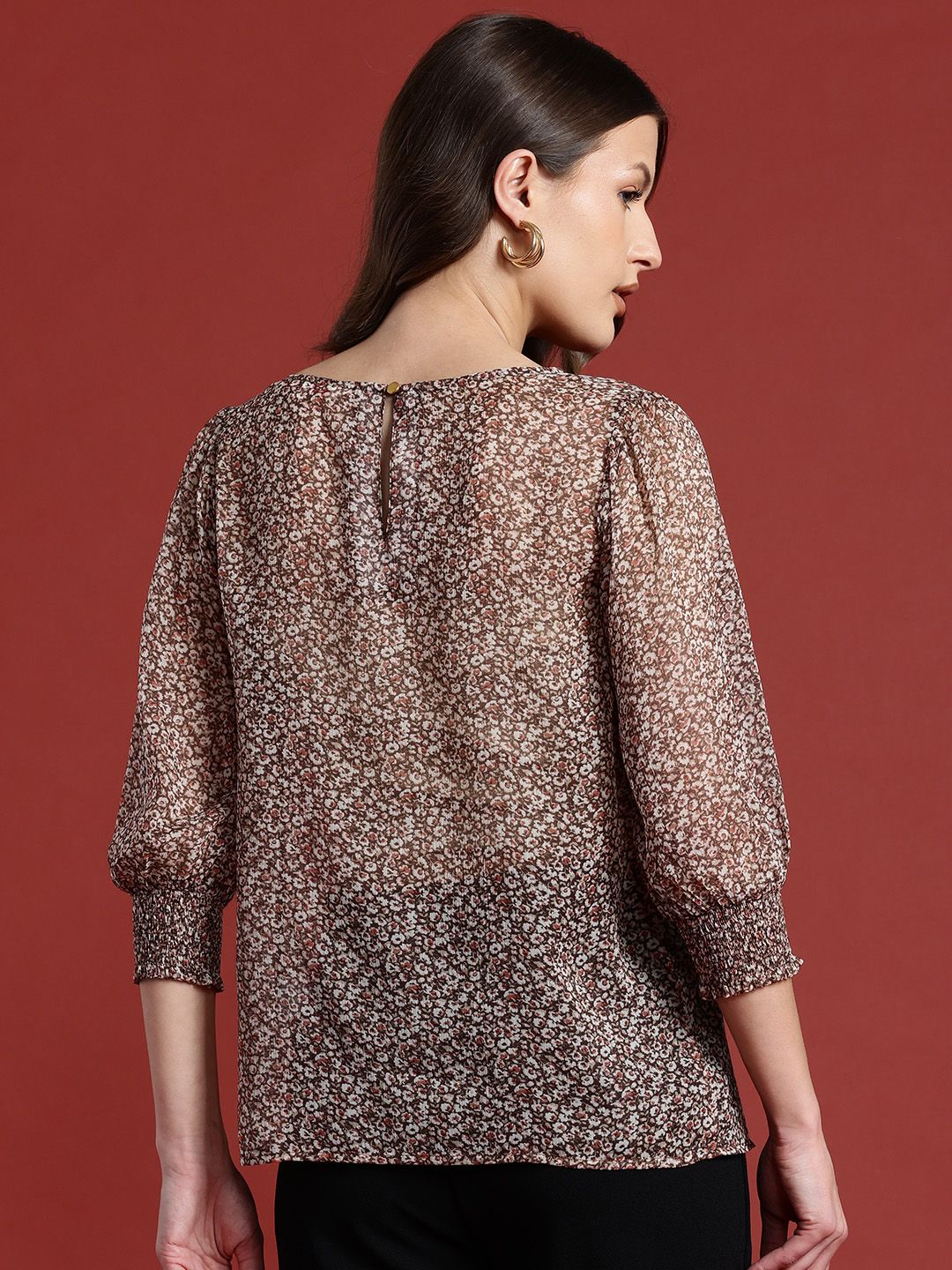 all about you Micro Ditsy Print Puff Sleeve Sheer Top