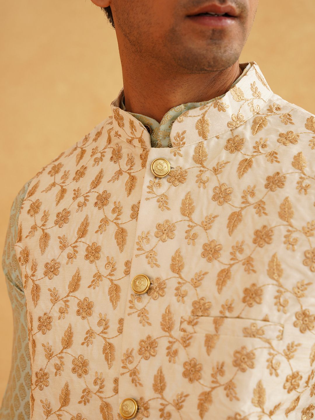 SOJANYA Woven Design Mandarin Collar Kurta with Churidar & Nehru Jacket