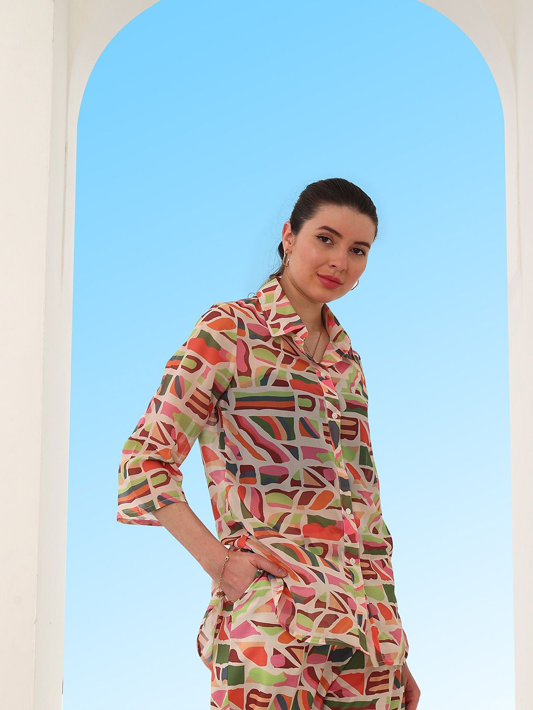 Athena Abstract Printed Georgette Shirt Style Top