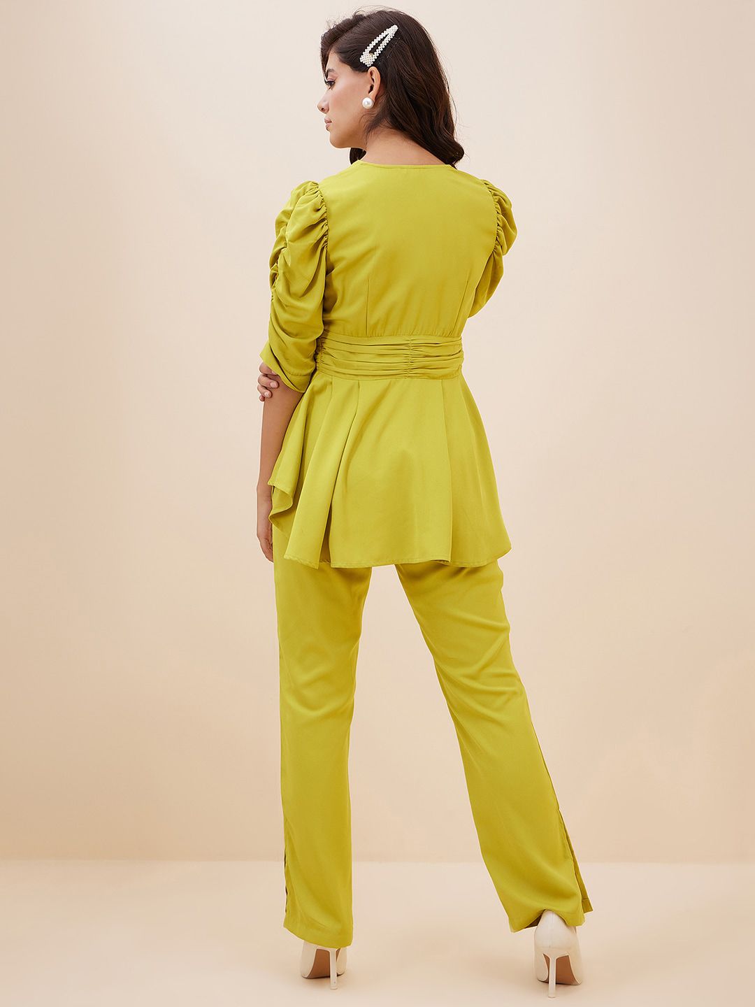Antheaa Ruched Peplum Top With Trousers
