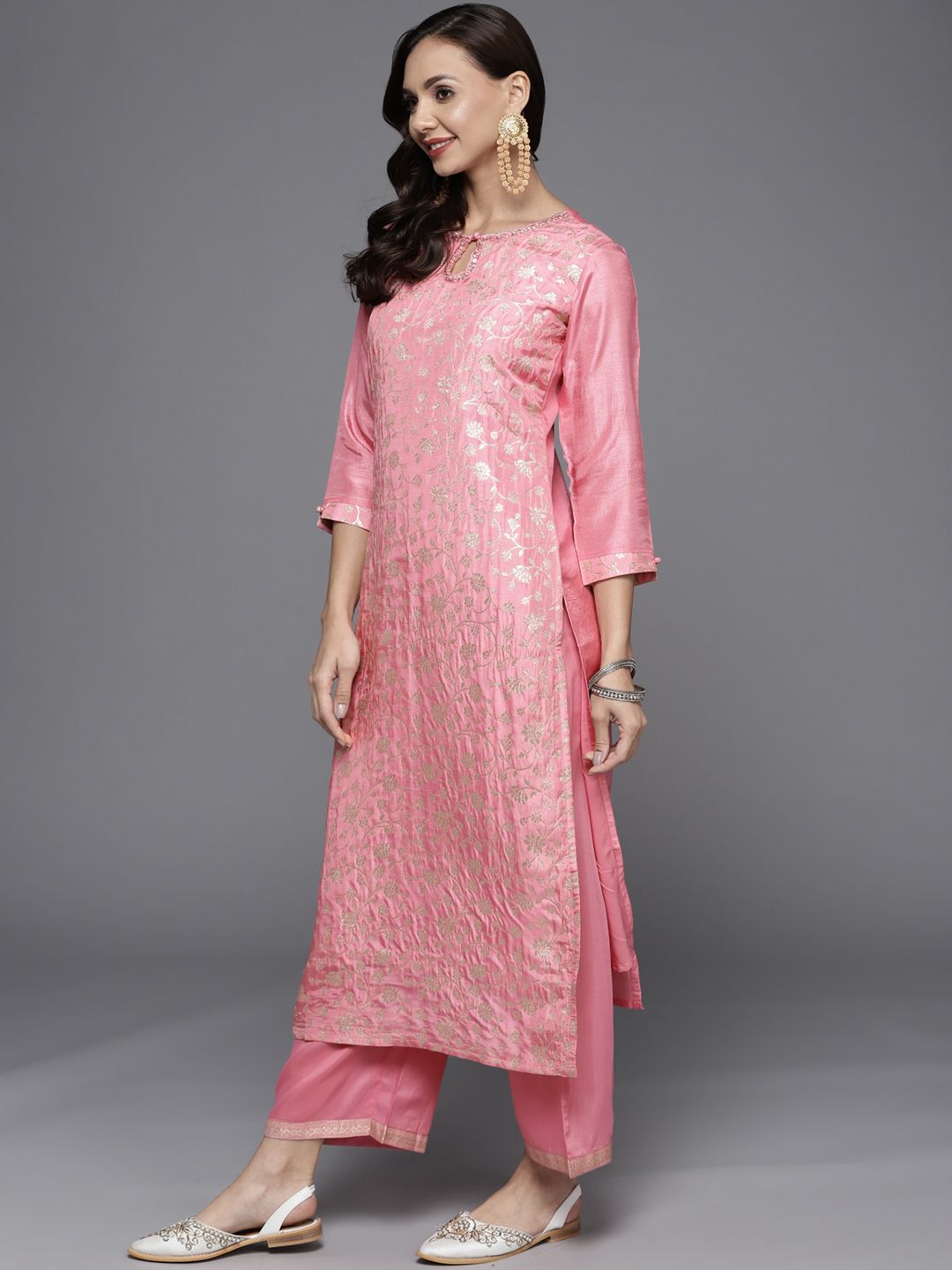 Libas Women Pink Zari Kurta with Palazzos & With Dupatta