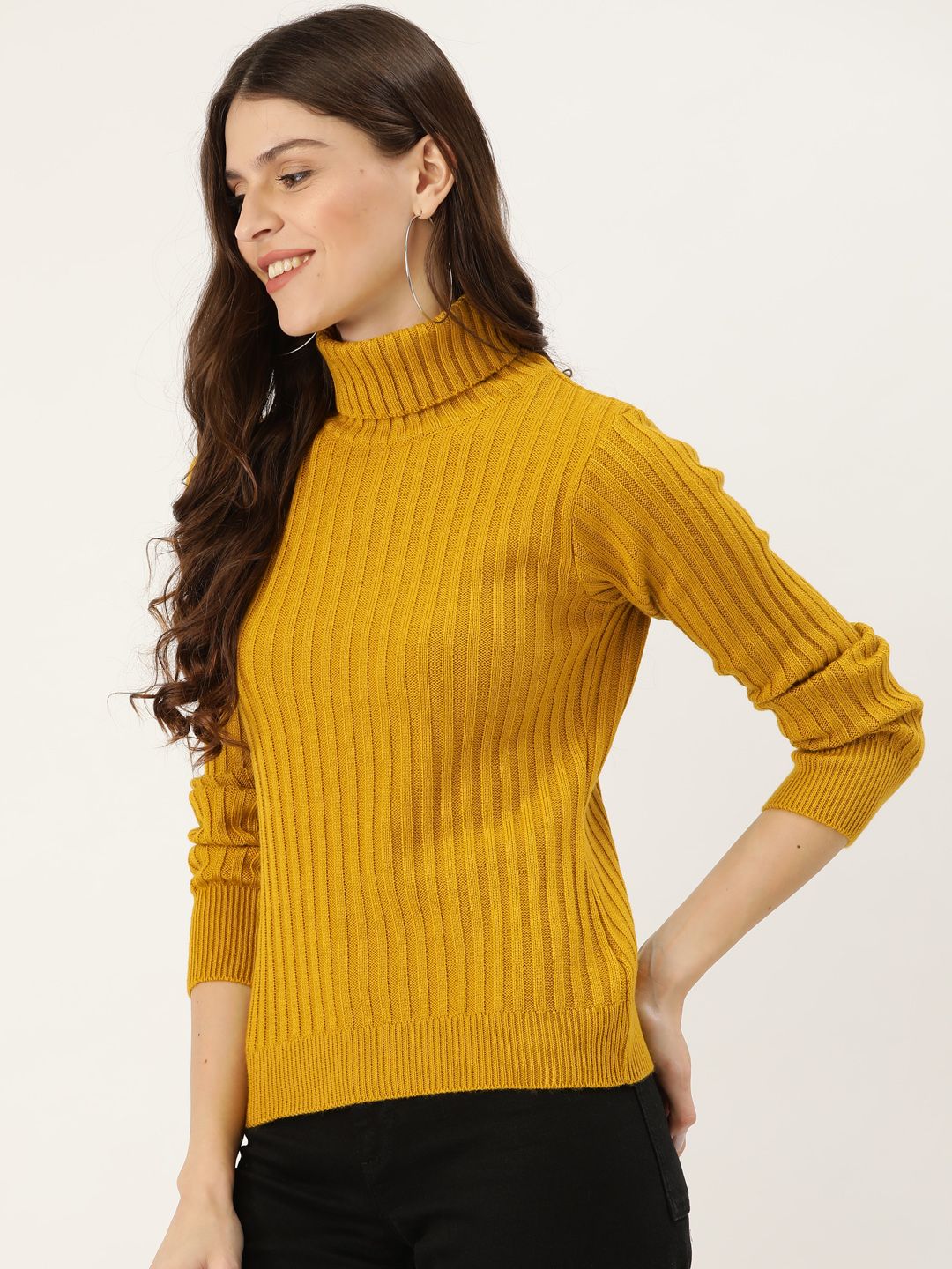 DressBerry Women Mustard Yellow Ribbed Pullover Sweater
