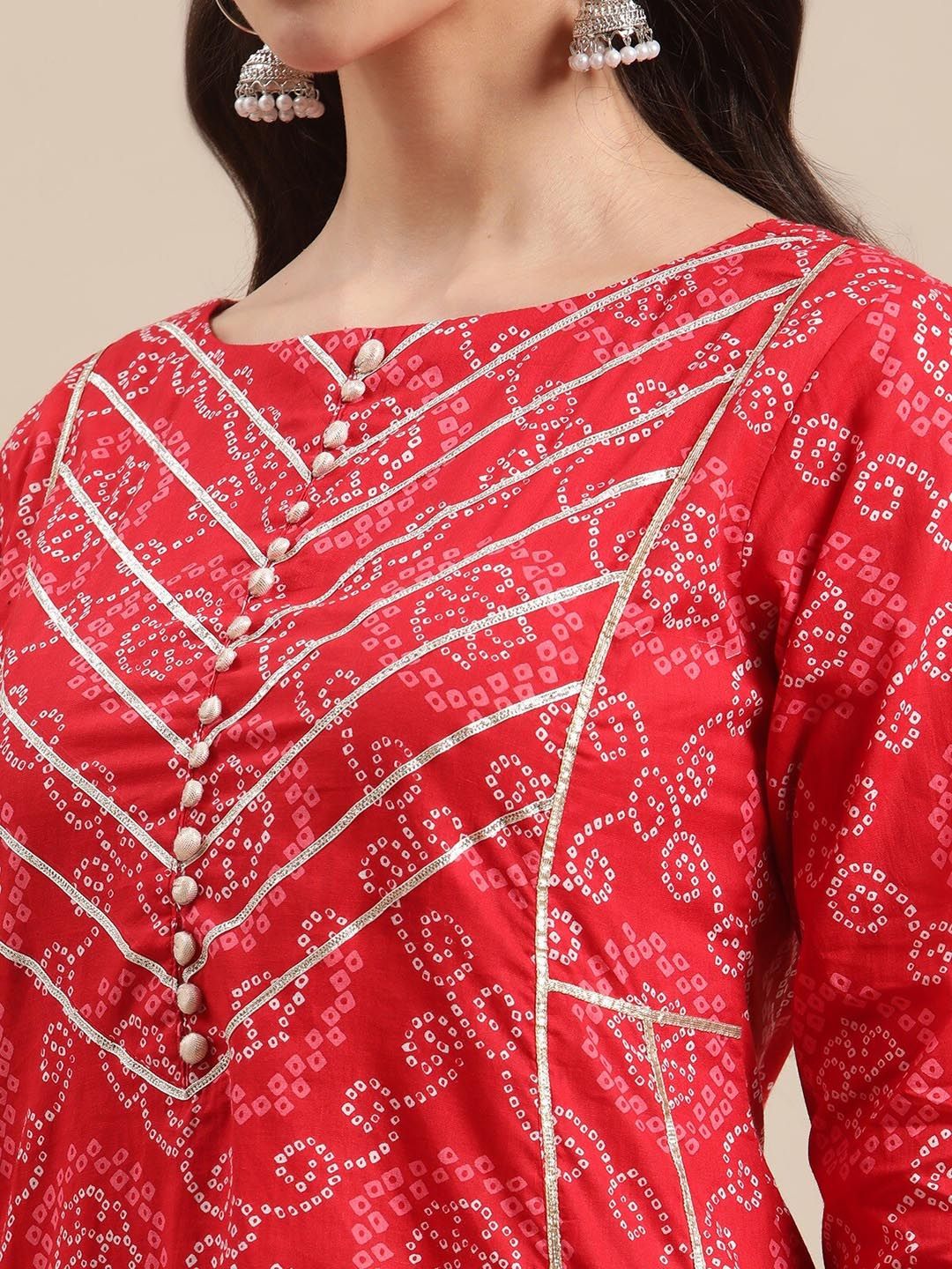 Varanga Women Red Geometric Printed Gotta Patti A-Line Cotton  Kurta