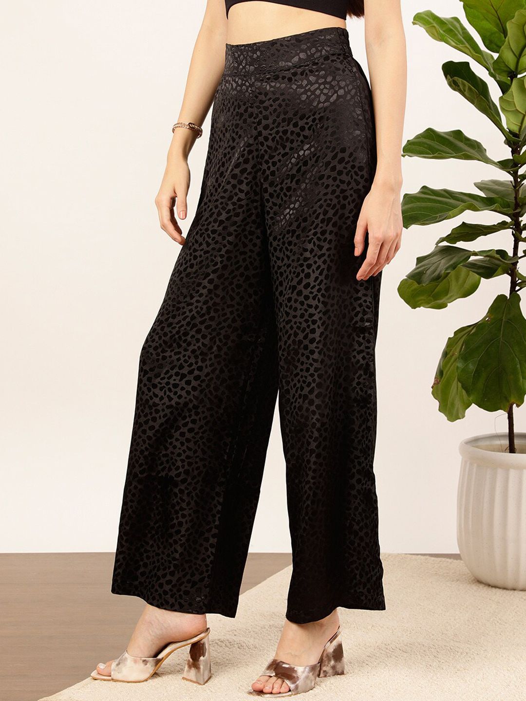 STREET 9 Women Black Textured Relaxed Straight Fit High-Rise Trousers