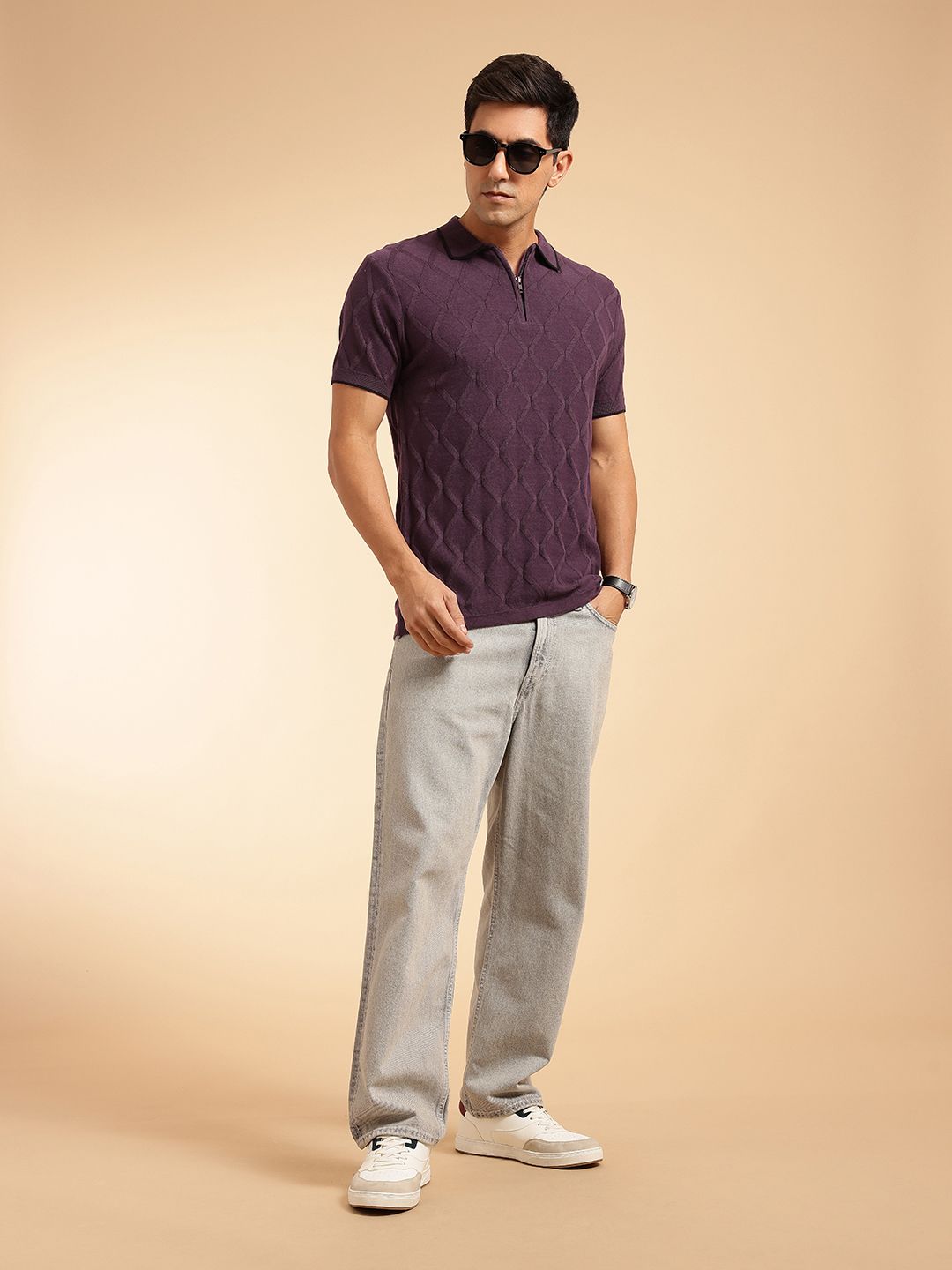 French Connection Pure Cotton Self Geometric Polo Collar Knit T-shirt