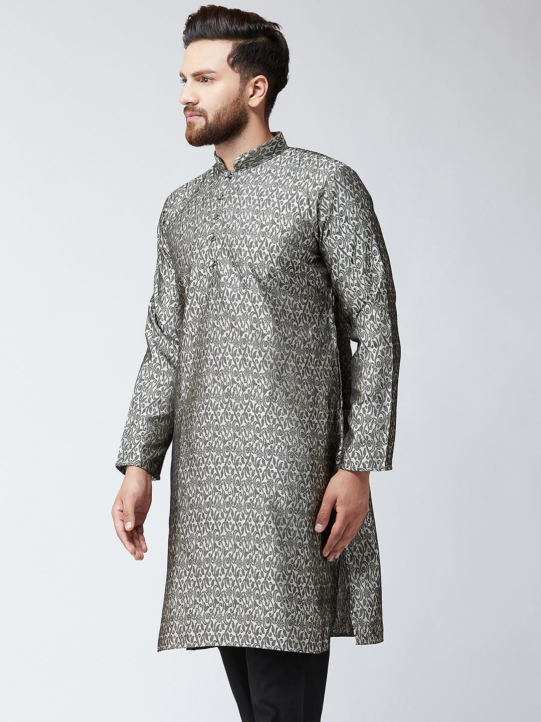 SOJANYA Lelaki Off-White & Black Woven Design Straight Kurta