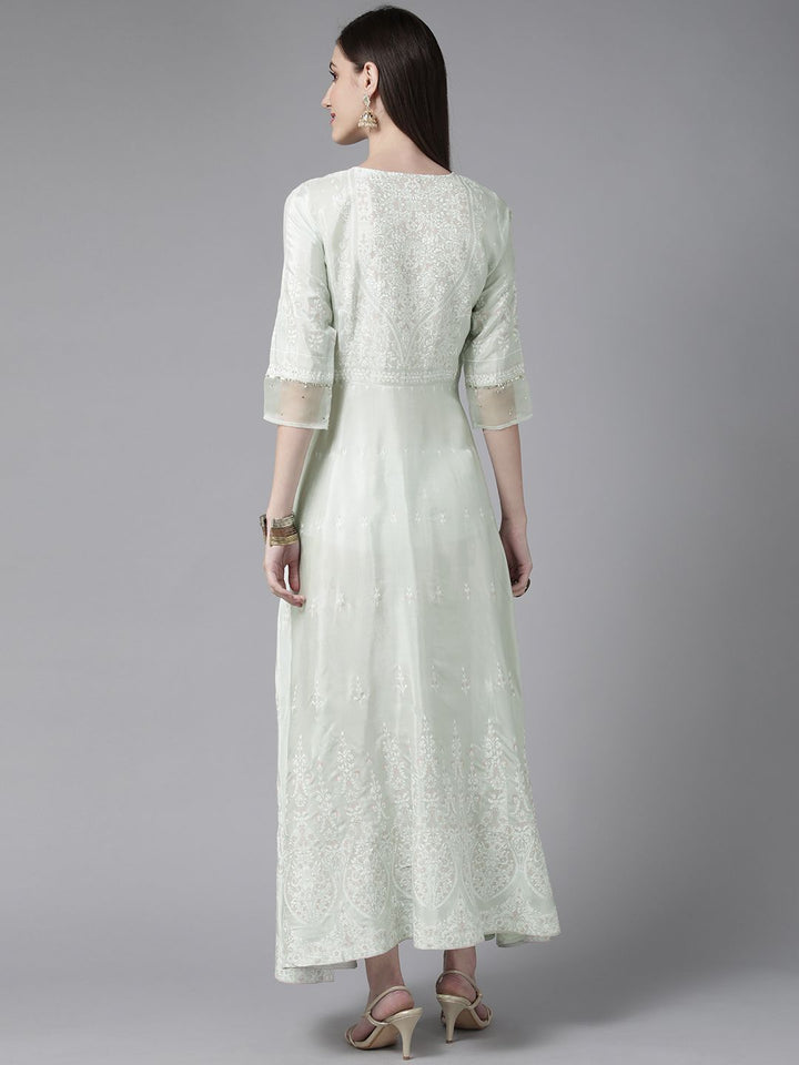 W Green & White Floral Ethnic A-Line Midi Dress