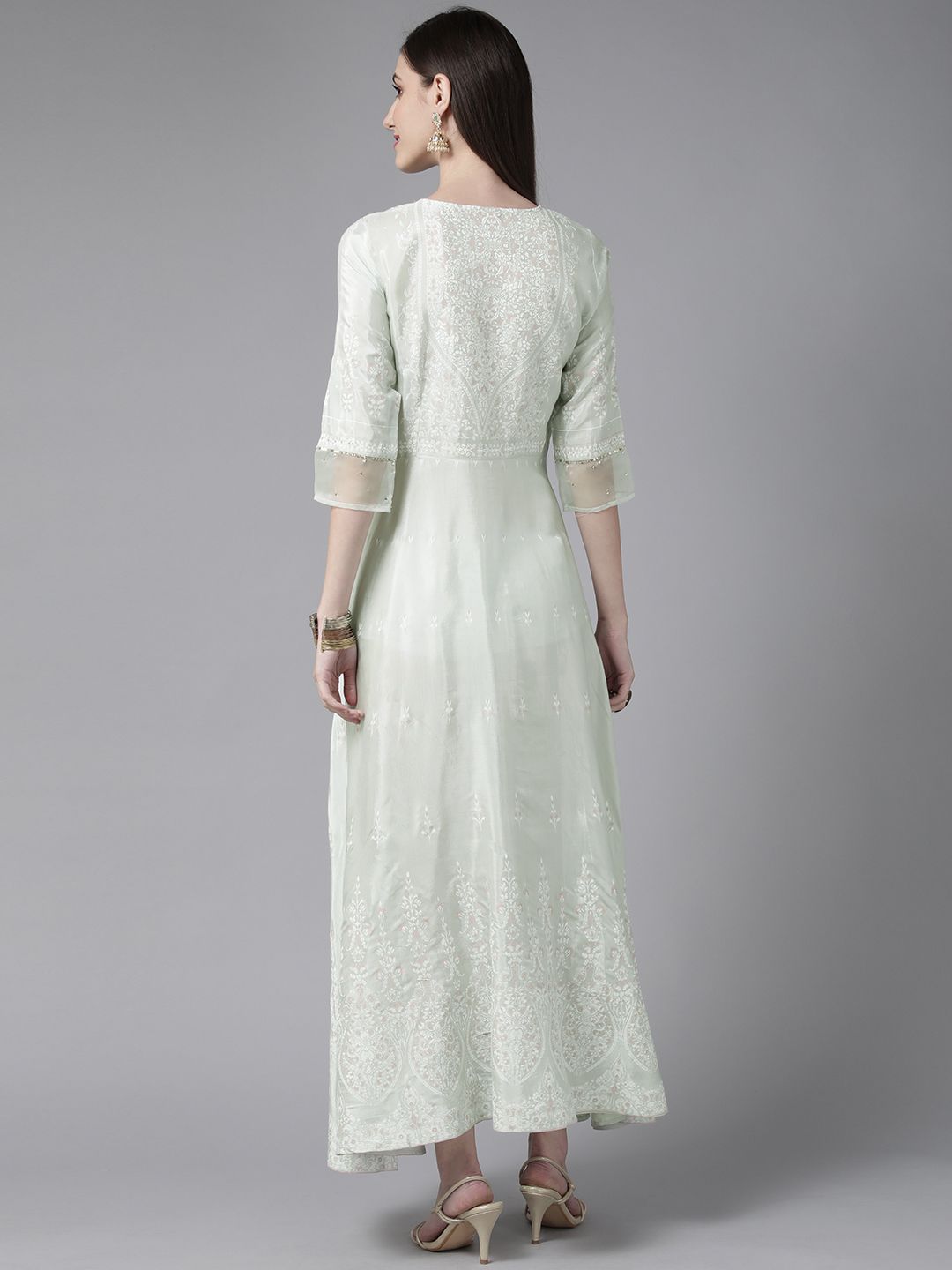 W Green & White Floral Ethnic A-Line Midi Dress