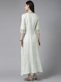 W Green & White Floral Ethnic A-Line Midi Dress