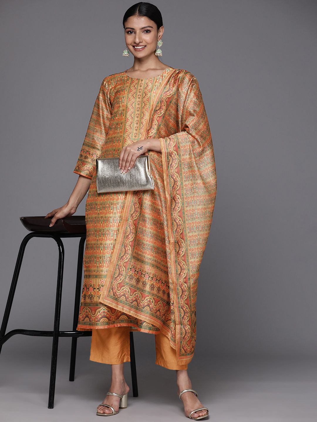 Varanga Women Coral Printed Regular Chanderi Silk Kurta with Trousers & With Dupatta