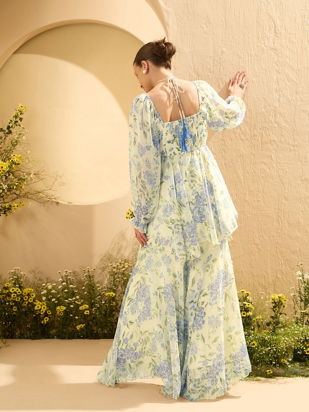 Antheaa Floral Printed Square Neck Tunic With Palazzos