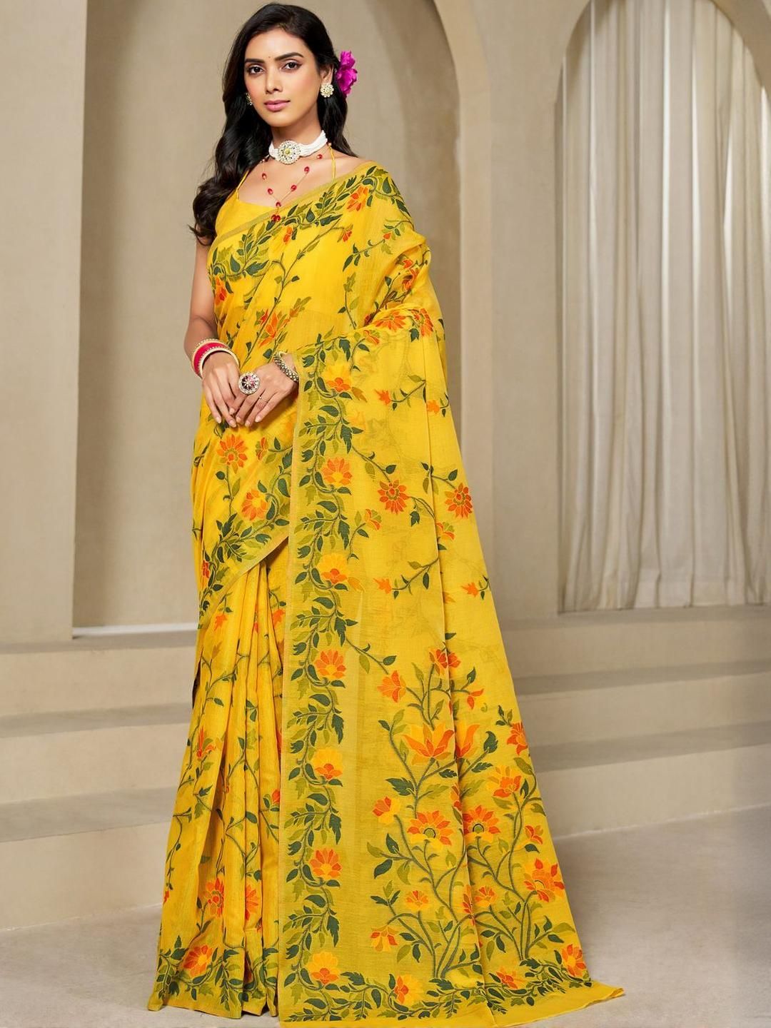 KALINI Yellow Pure Cotton Woven Design Sarees