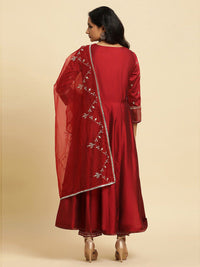 W Floral Yoke Design Anarkali Kurta with Trousers & Dupatta