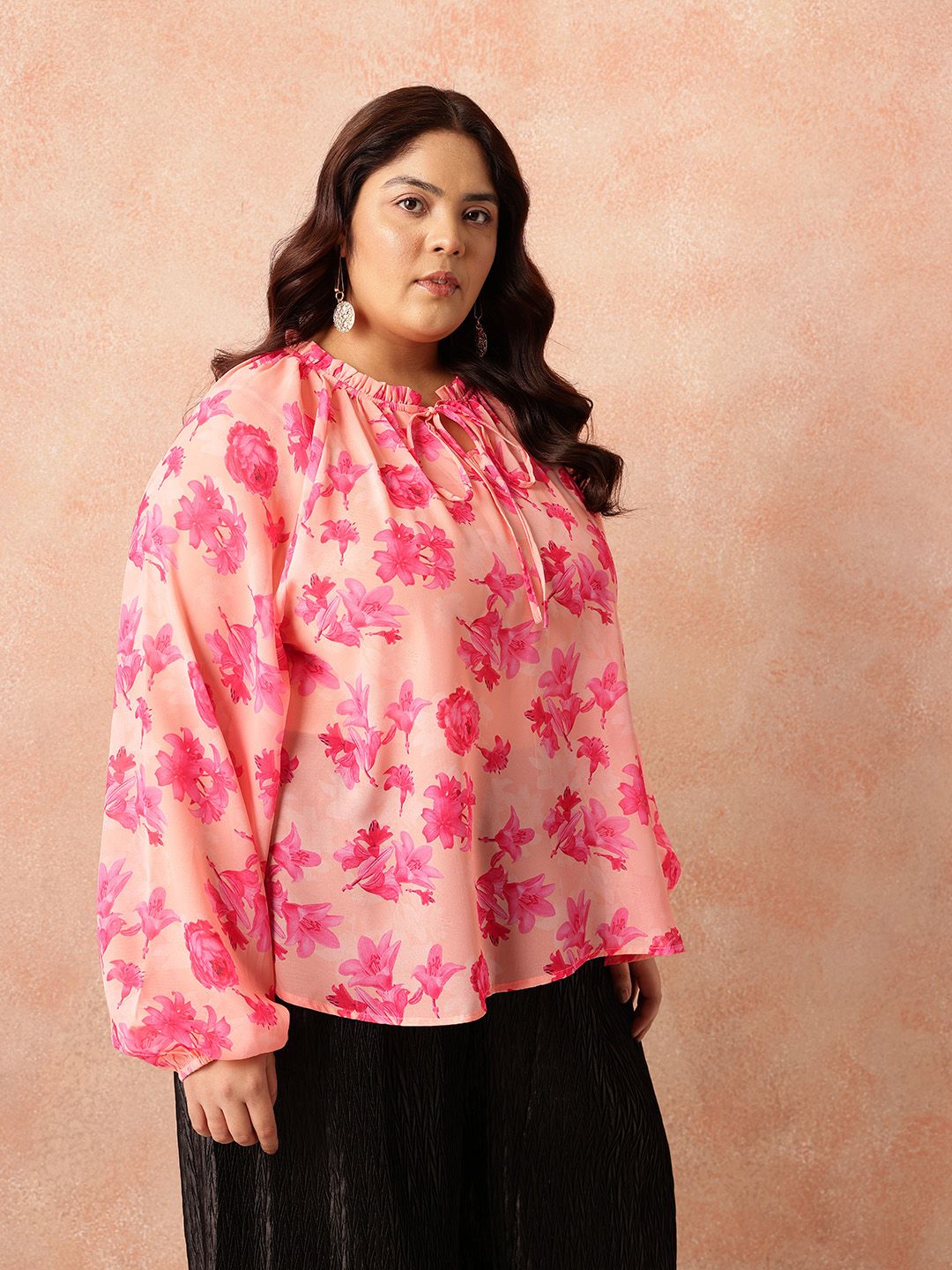 all about you Plus Size Floral Print Tie-Up Neck Puff Sleeves Semi-Sheer Georgette Top