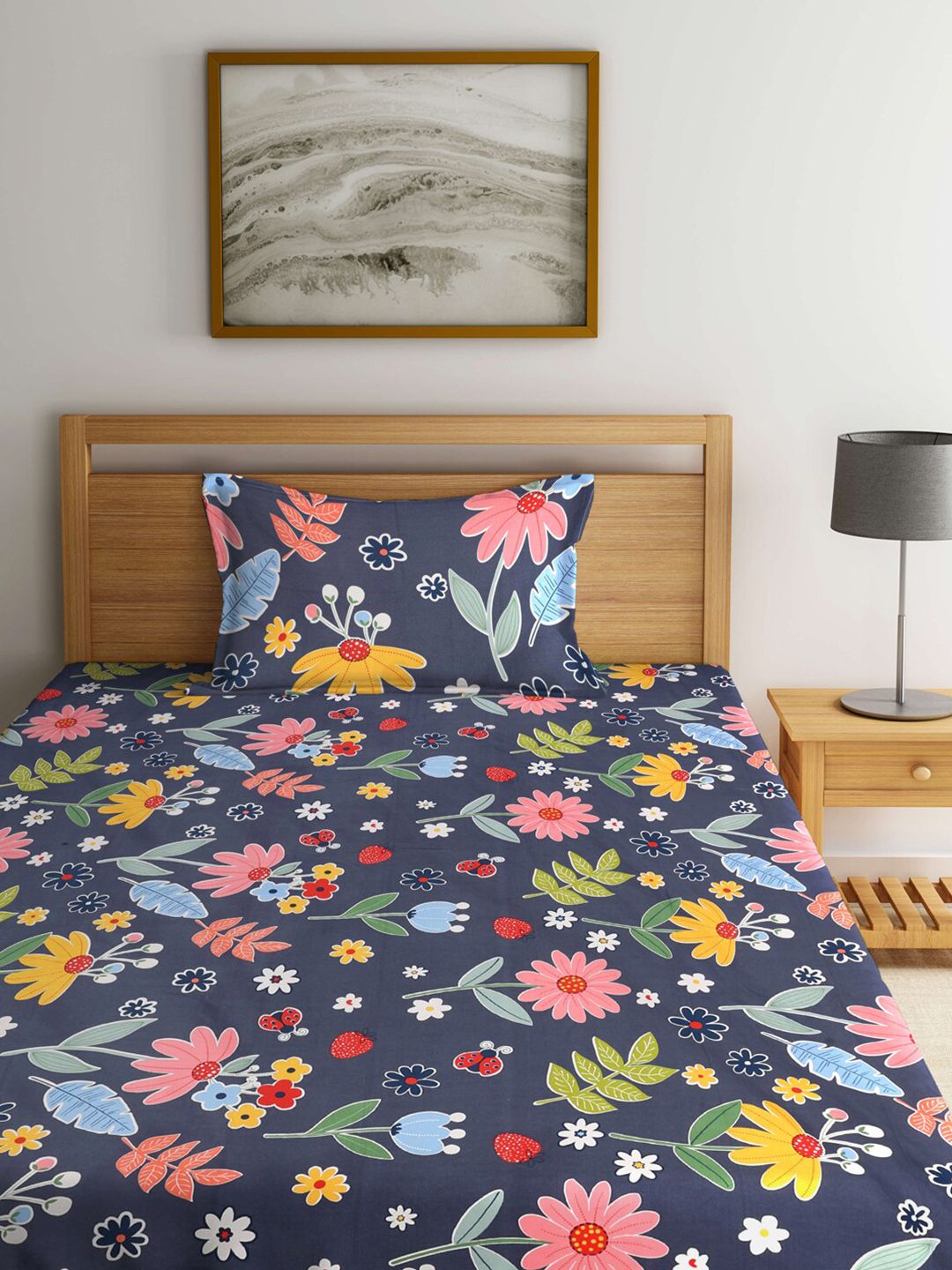 KLOTTHE Biru Kapas Geometrik 210 TC Single Halus 2 Cadar dengan 2 Sarung Bantal-225 x 150 cm