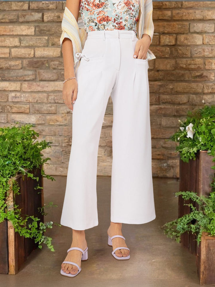 DressBerry Women Pleated Perfection Textured Bow Detail Flared Trousers