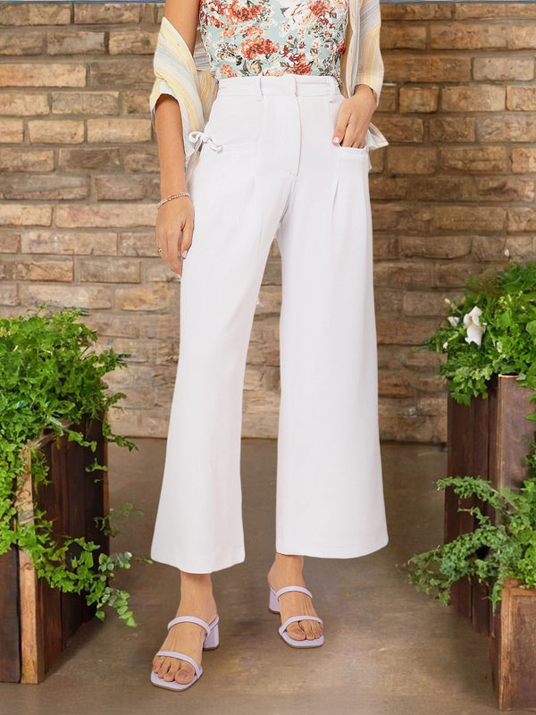 DressBerry Women Pleated Perfection Textured Bow Detail Flared Trousers