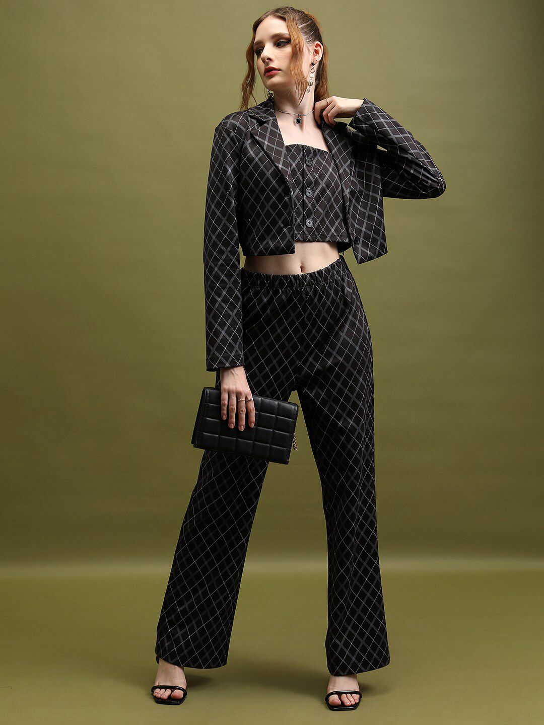 Tokyo Talkies Black Square Neck Top & Flared Trouser & Jacket Co-Ords