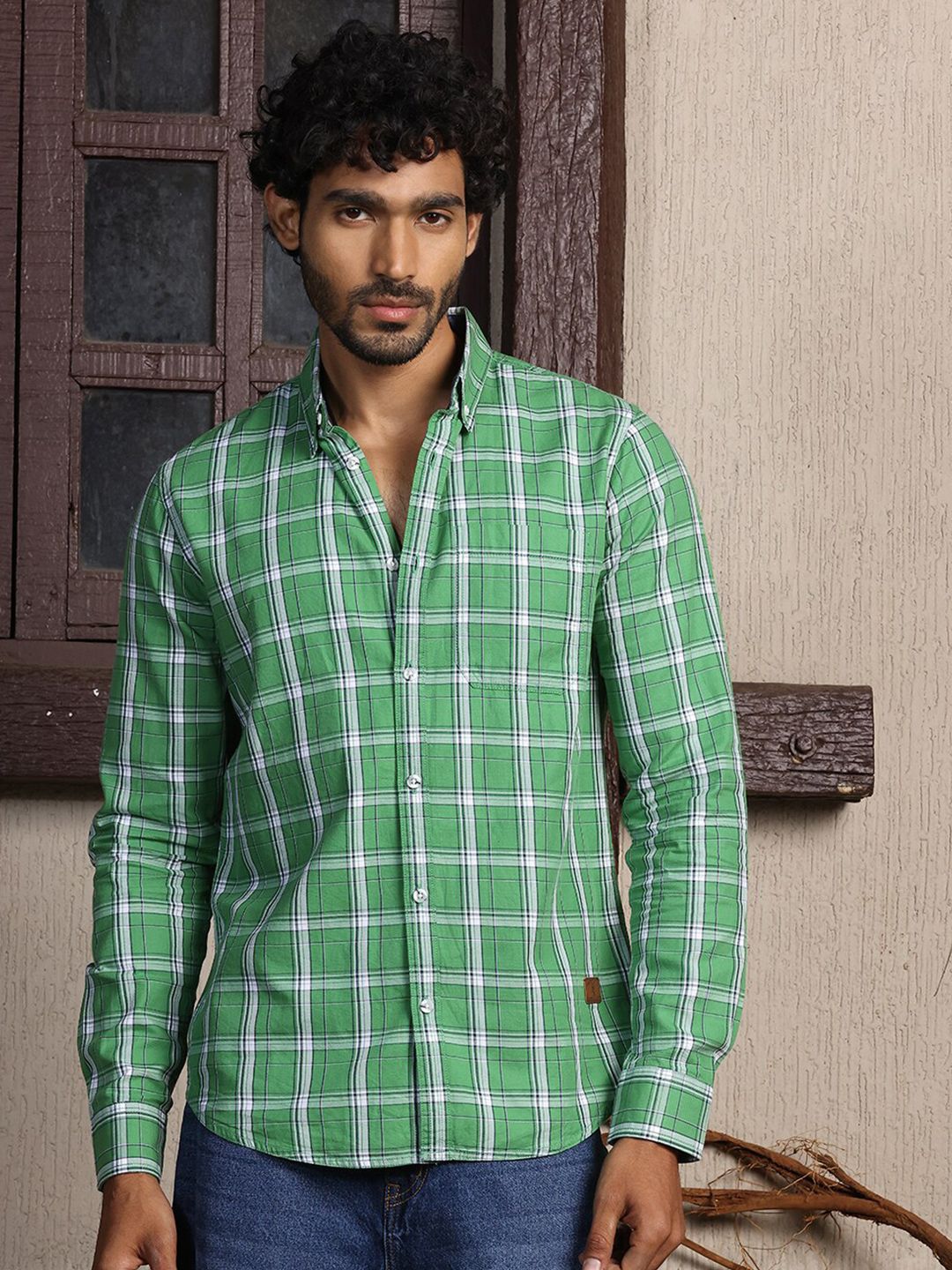 Thomas Scott Standard Slim Fit Tartan Checks Pure Cotton Casual Shirt