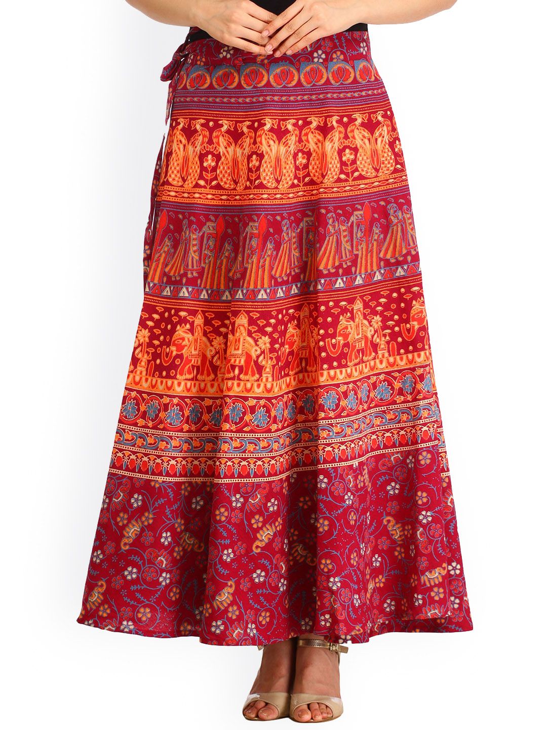 Exotic India Wrap-Around Mauve Wine Long Skirt with Printed Wedding Scenes
