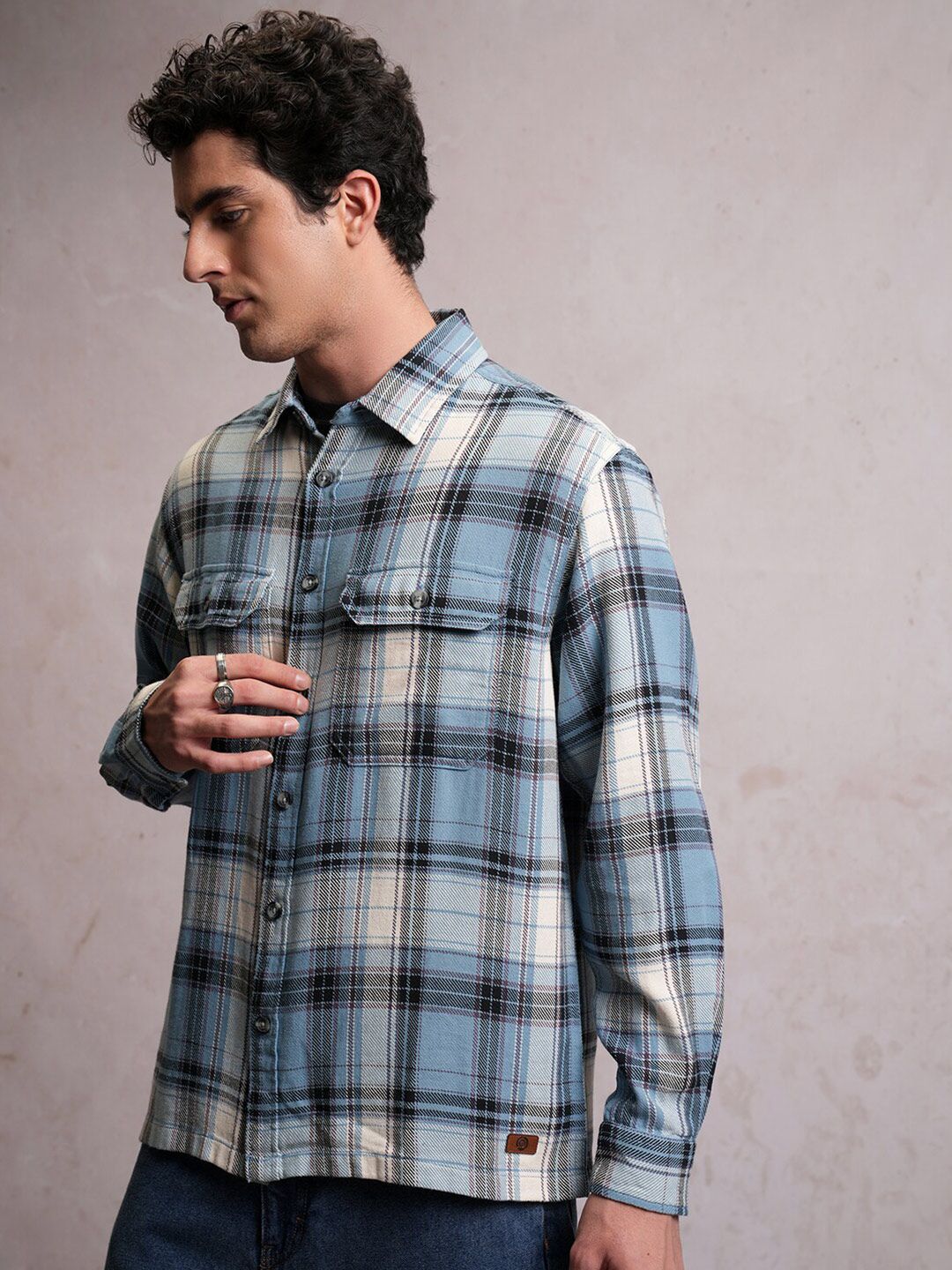 Locomotive Men Blue Dobby Textured Checked Utility Pocket Overshirt