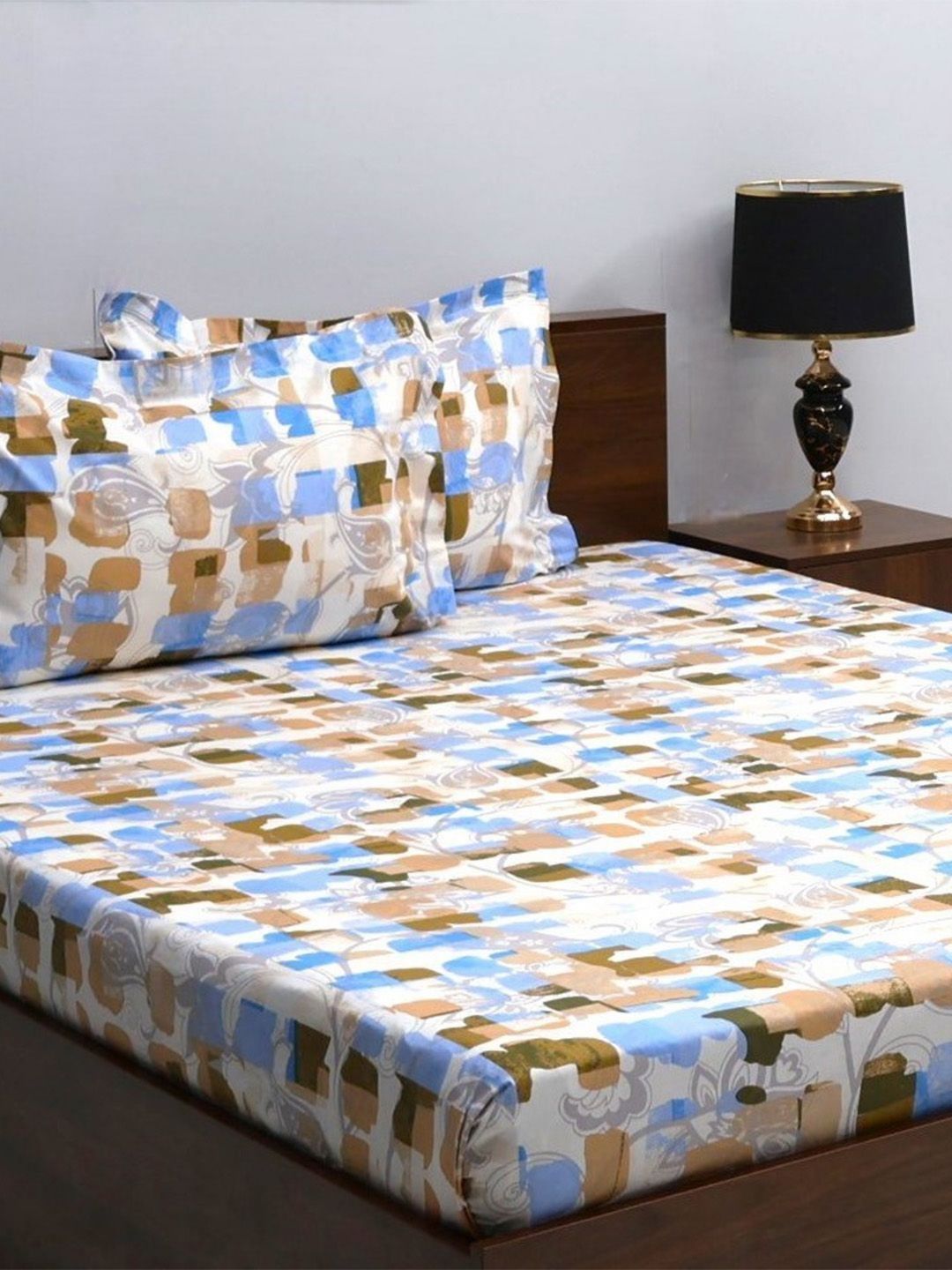 BOMBAY DYEING Allure White & Brown Printed 144 TC Pure Cotton Queen Fitted Bedsheet Set