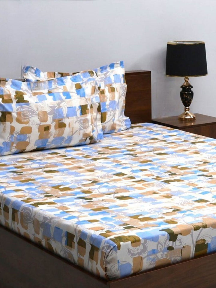 BOMBAY DYEING Allure White & Brown Printed 144 TC Pure Cotton Queen Fitted Bedsheet Set