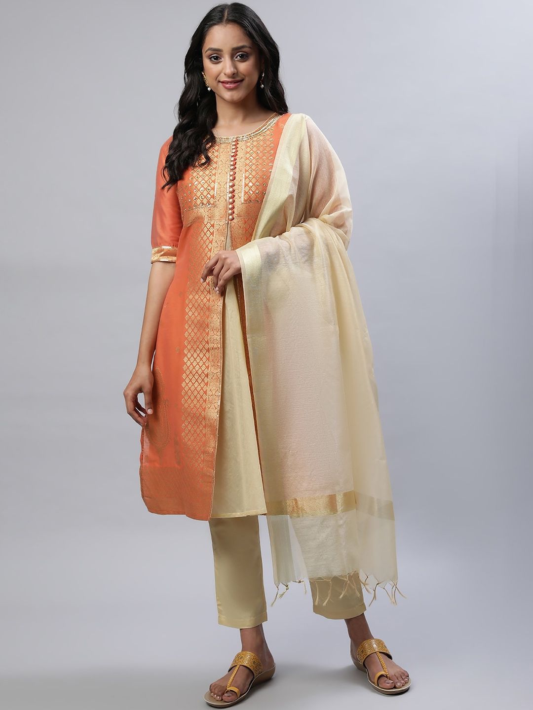 AURELIA Ethnic Motifs Woven Design Sequined A-Line Kurta with Trousers & Dupatta