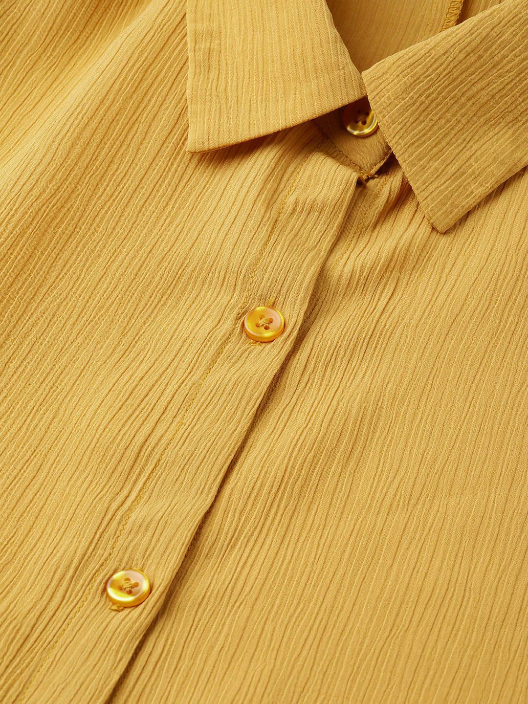 SASSAFRAS Women Mustard Yellow Solid Longline Shirt Style Shrug