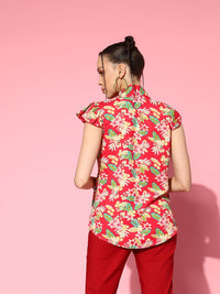 Berrylush Women Floral Print Tie-Up Neck Ruffles Crepe Top