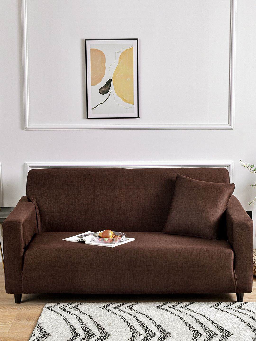 Story@home Brown Printed 3 Seater Stretchable Sofa Cover With Arms