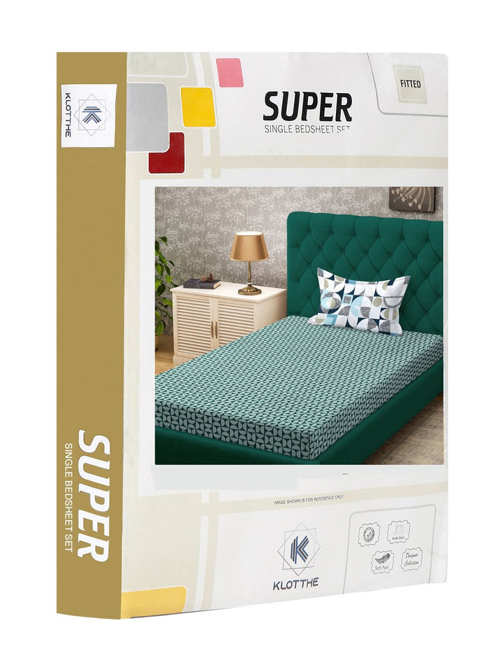 KLOTTHE Book Fold Green Printed Fitted 300 TC Single Bed Bedsheet With Pillow Cover