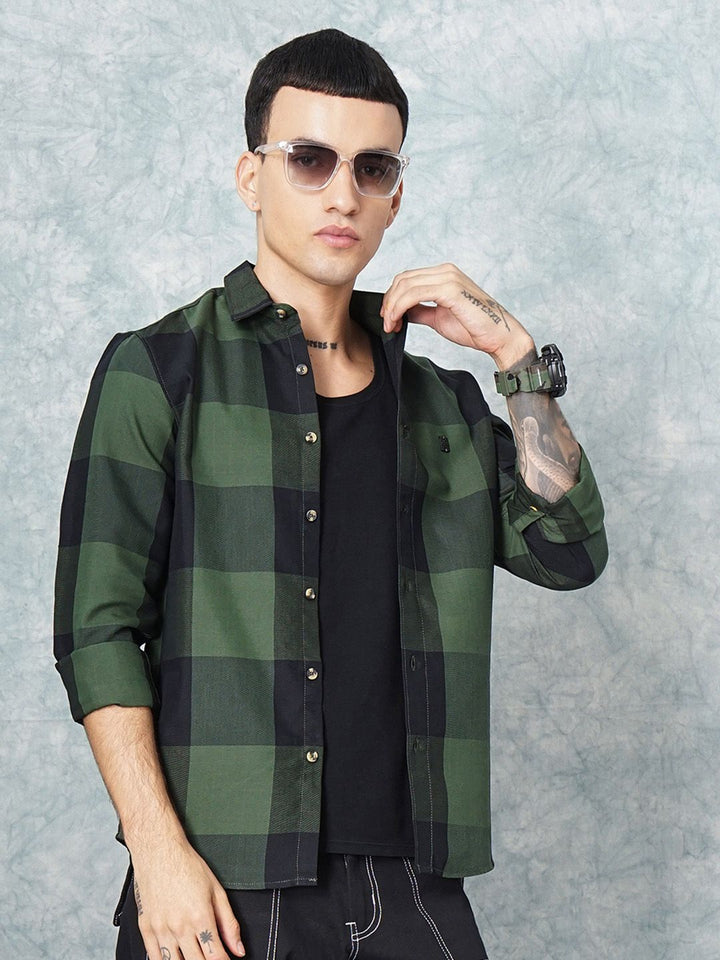 The Indian Garage Co Men Olive Green Grid Tattersall Checked Pure Cotton Casual Shirt